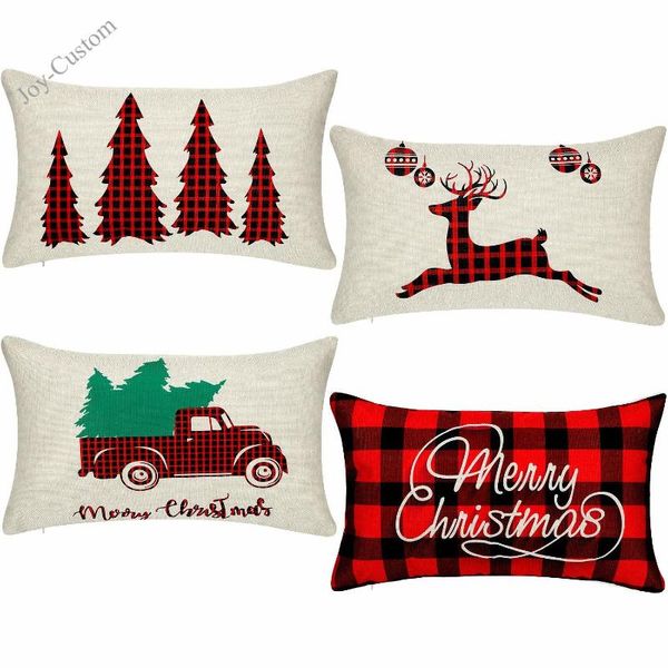 Almofada/travesseiro decorativo 4pcs Capas de natal Casos de alces de caminhões vermelhos alegres Caso de linho de algodão