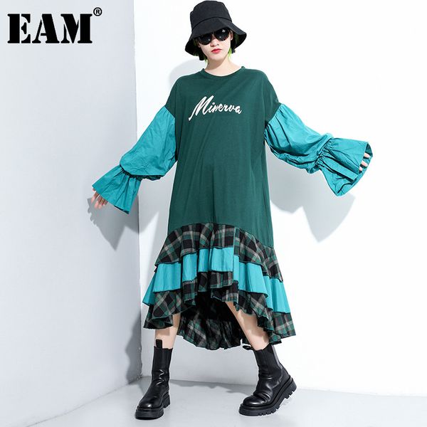 

[eam] women big size letter spliced plaid dress round neck long sleeve loose fit fashion spring autumn 1dd2341 21512, Black;gray