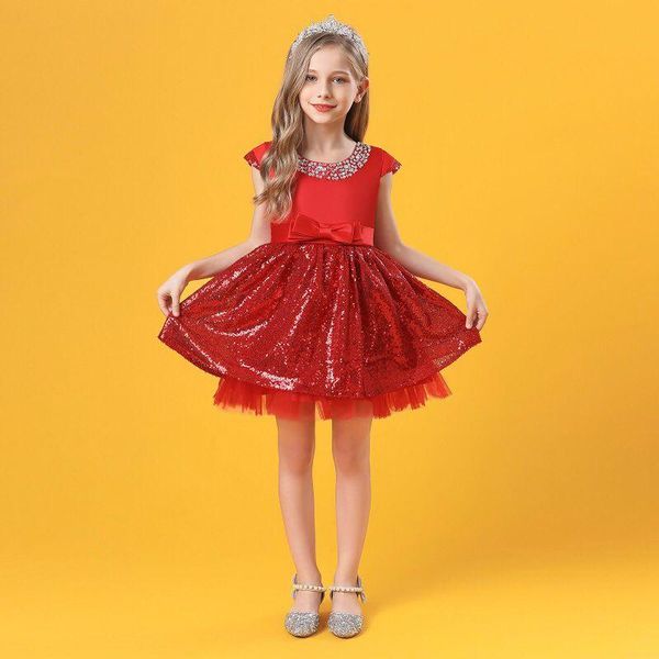 

girl's dresses flower girls illusion short bow sequined tulle lace o-neck luxury champagne knee-length kids party princess gown f311, Red;yellow