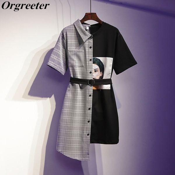 

shirt dress female plaid patchwork character print with belt high waist irregular knee-length dresses summer clothing 210525, Black;gray