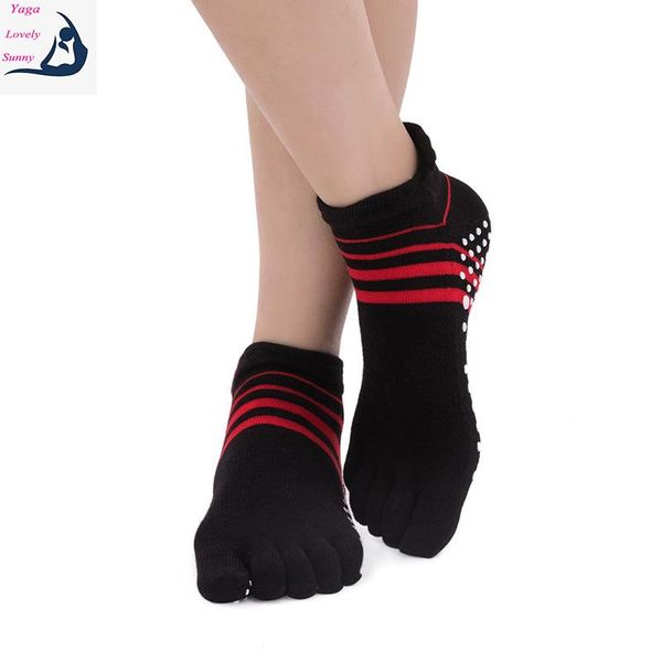 

cotton professional anti-slip yoga socks women double heel stripe five finger hosiery dance sports breathable toe, Black