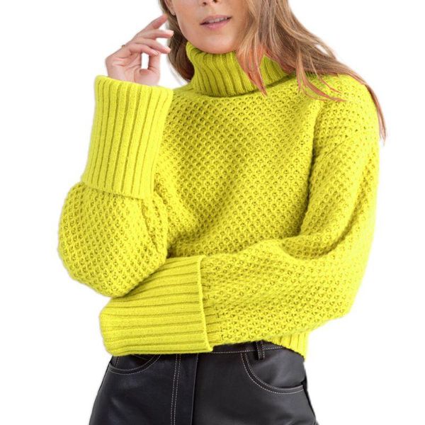 

women's sweaters women long sleeve waffle knit sweater turtleneck neon solid color jumper f42f, White;black