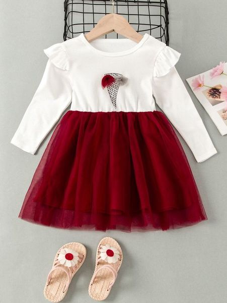 

toddler girls graphic contrast mesh frill dress she, Red;yellow