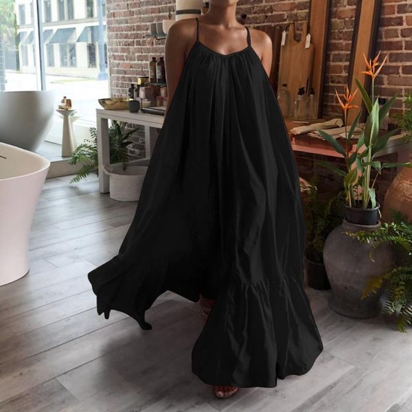 

women casual solid dresses sleeveless big swing strap dress pocket loose backless long vestido longo #g2, Black;gray