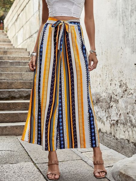 

striped belted wide leg pants h09z#, Black;white