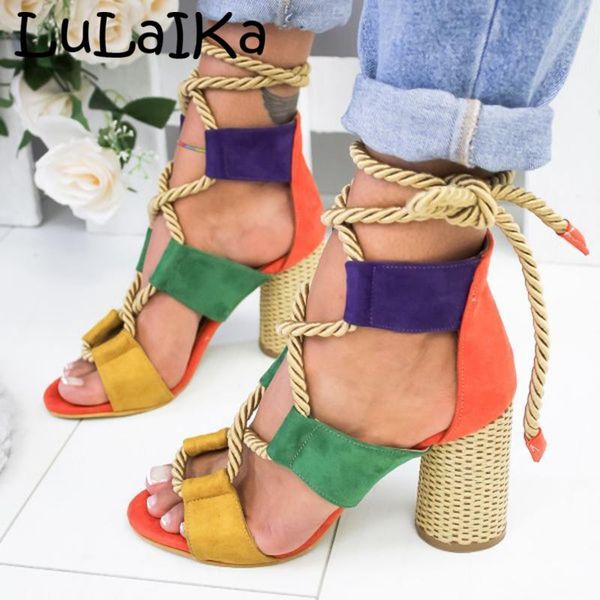 

lulaika 2021 summer ladies fashion round head comfortable breathable open toe casual wild lacing high-heeled sandals 5-8cm, Black