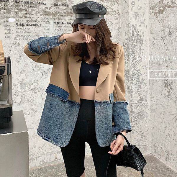 

women's jackets [ewq] turn-down collar denim jacket cowboy coats khaki chic stitching design trendy women clothing vintage autumn yl1c, Black;brown