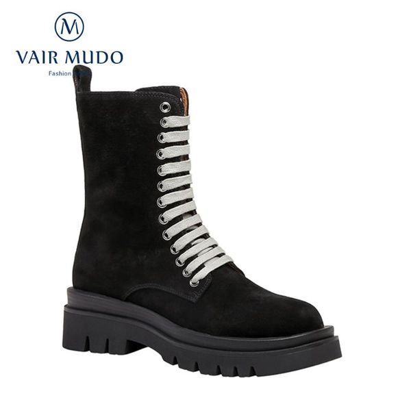 

boots vair mudo women ankle shoes lace up black thick bottom solid round toe elegant platform female brown wm-x14