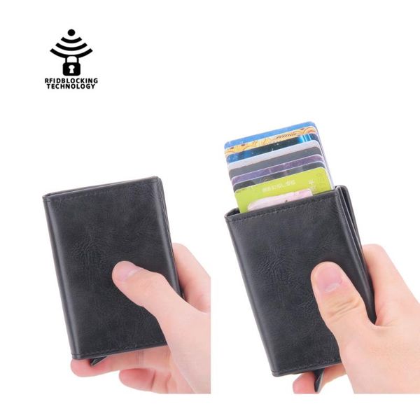 

card holders with magnetic button holder aluminum box wallet rfid pu leather up case magnet carbon fiber coin purse, Brown;gray
