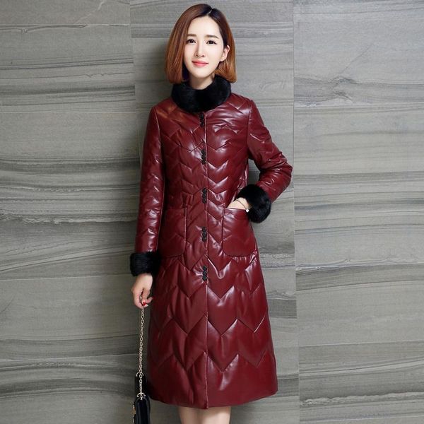 

women's leather & faux women genuine jacket natural collar long winter down jackets real sheepskin coat plus size 5xl 87022, Black