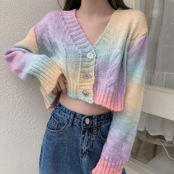 

women's knits & tees rainbow knitted cardigan sweater women v-neck single breasted long sleeve short 2021 fashion loose sweet sweaters, White
