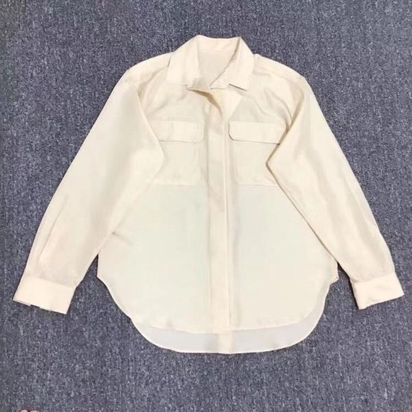 

women's blouses & shirts early autumn women casual blouse solid color covered buttons loose shirt with double pockets, White