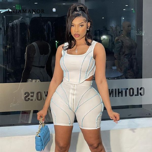 

women's tracksuits anjamanor sporty 2 piece set contrast stitch biker shorts crop womens summer clothing tracksuit wholesale items, Gray