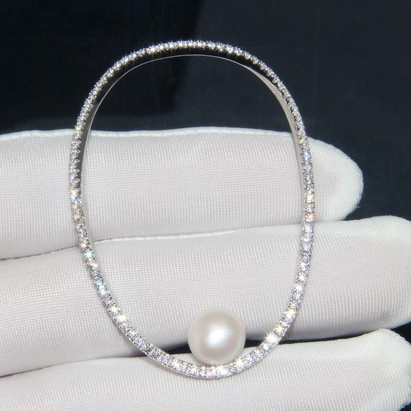 

stud megique style 1pc solid 925 sterling silver mono big circle pearl earring paved cubic zirconia stones for women party jewelry, Golden;silver