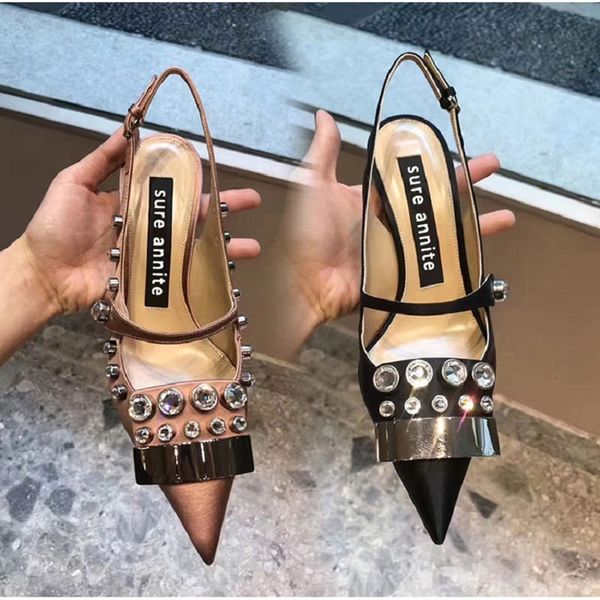 

slippers 2021 summer style silk high heels banquet dress pointed sandals baotou rivet small size wedding shoes women gi, Black
