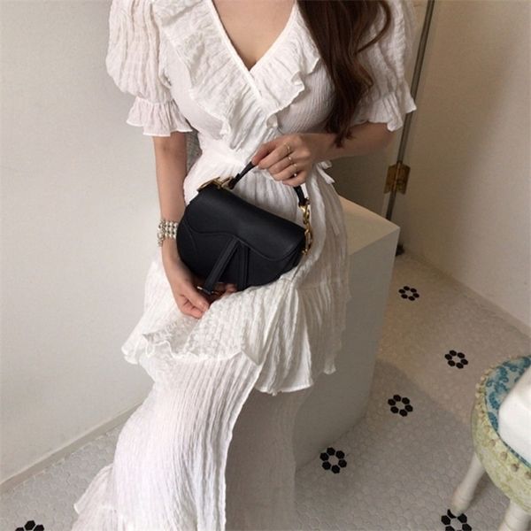 

womens korean-style retro chic ruffled patchwork v-neck pleated lace-up waist hugging slim puff sleeve fishtail dress women, Black;gray