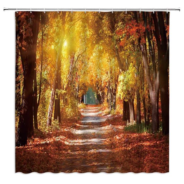 

autumn forest shower curtain nature fall yellow red maple leaves sunshine black trunk woodland country scene fabric bathroom