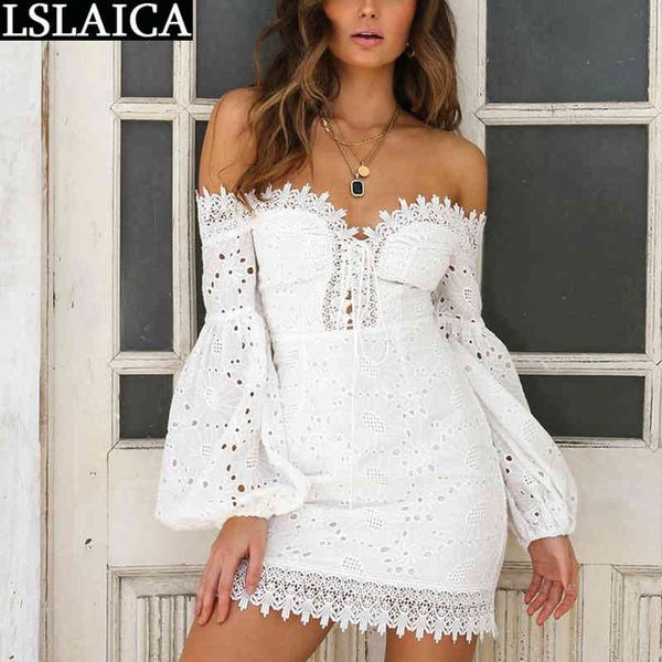 

white lace dress lantern sleeve high waist off the shoulder slim women's summer evening party club mini bodycon 210520, Black;gray