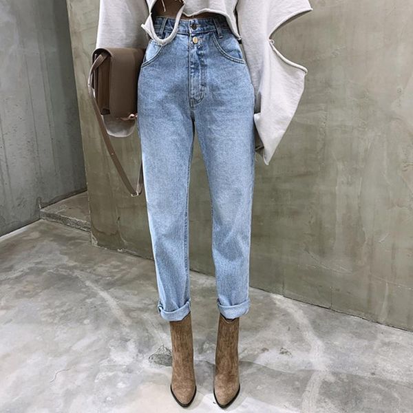 

women's jeans zoki autumn vintage denim women high waist straight slim female buttons zipper ladies light blue pants streetwear 2021