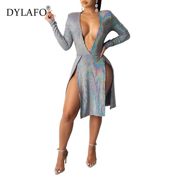 

casual dresses sequin women dress deep v neck long sleeve split autumn spring party club famel knee vestido 2021, Black;gray