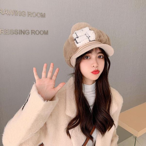 

stingy brim hats autumn women wool berets fashion retro color matching octagonal cap female thick warm winter sboy hat, Blue;gray