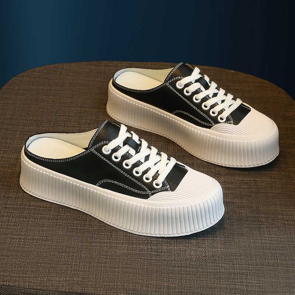 

baotou half slippers women wear new fashion leather thick soled small white shoes in summer 2021 women's muffin biscuit