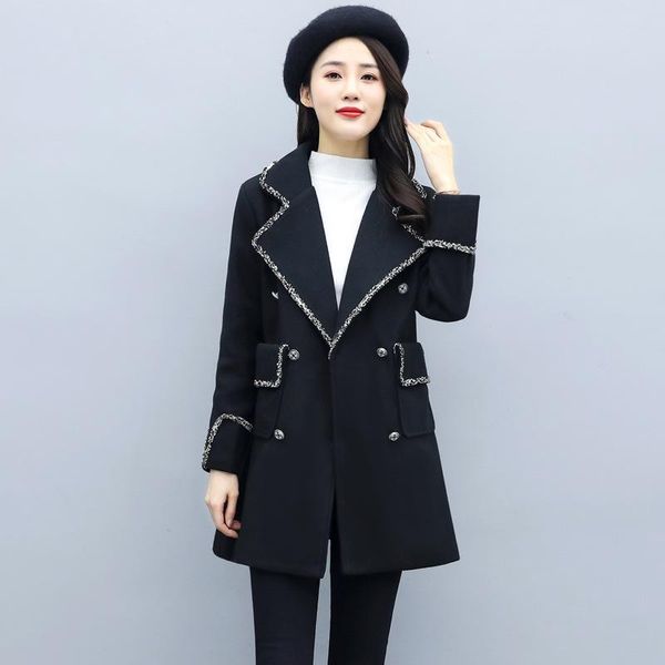 

women's wool & blends women winter coat jacket vintage double breasted trench fashion elegant lady military style classic england, Black