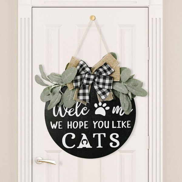 

decorative flowers & wreaths 30cm welcome sign wreath front door hanging with bow round outdoor dog plaques wood home decoration