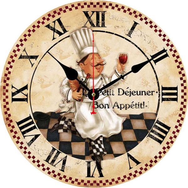 

inch chef wine round wall wooden clock,modern silent & non-ticking large shabby chic rustic kitchen clock clocks