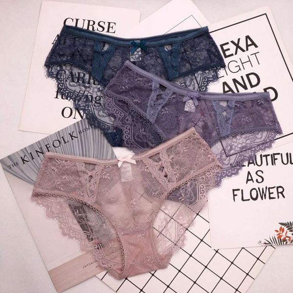 

european embroidery lace panties women seamless underwear solid transparent briefs bow hollow out lingerie thongs, Black;white