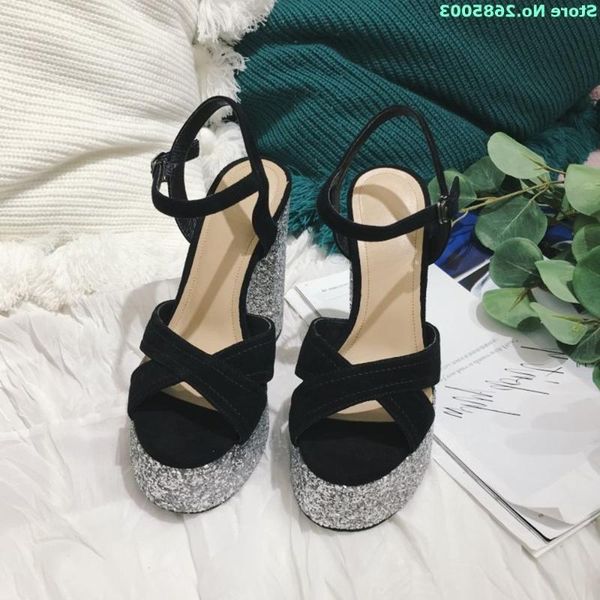 

sandals open toe thick high heels ankle buckle strap platfrom bling women fashion summer daliy party boots shoes, Black