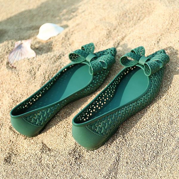 

sandals summer women's fashion versatile bow flat bottom breathable beach shoes jelly plastic waterproof rain, Black