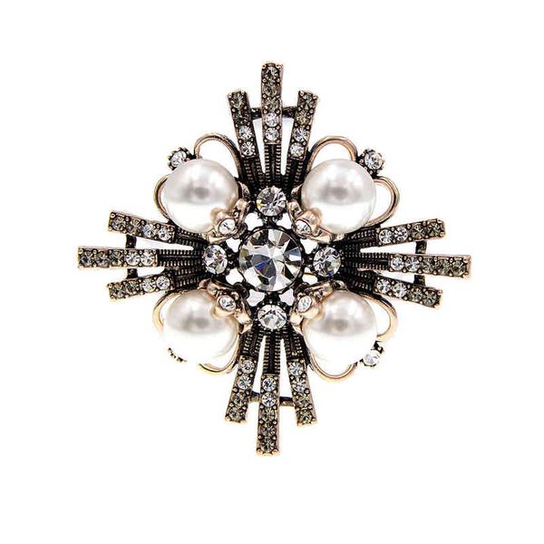 

brooch wind exaggeration pearl rhinestone cross geometric fashion accessories, Gray
