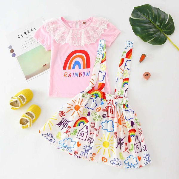 

girls' summer suit children's rainbow t-shirt + suspender skirt two-piece, White