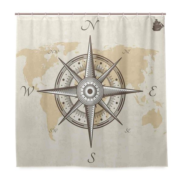 

shower curtain,nautical compass on background old map with torn border frame illustration print bath curtain closet curtain home