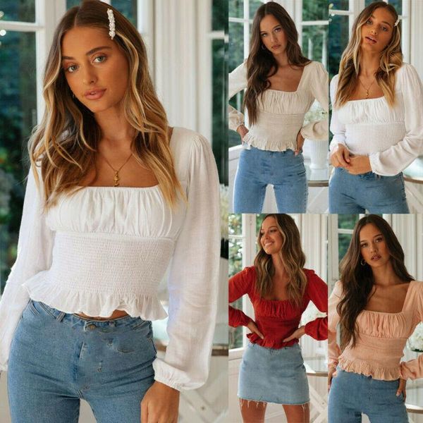 

women's t-shirt fashion crop ladies slim fit long sleeve square neck t-shirts tee ruffle casual tshirt summer women streetwear, White
