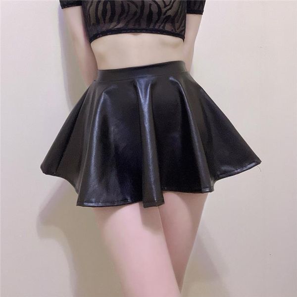 

streetwear rave dance womens skirts bottoms pu leather mini circle elastic lared pleated high waist latex short skirt, Black