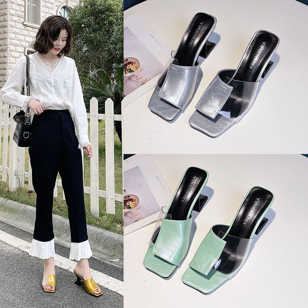

shoes europea high heeled slippers woman square toe slides women summer shoes chunky heel transparent slip on green sier dmve, Black