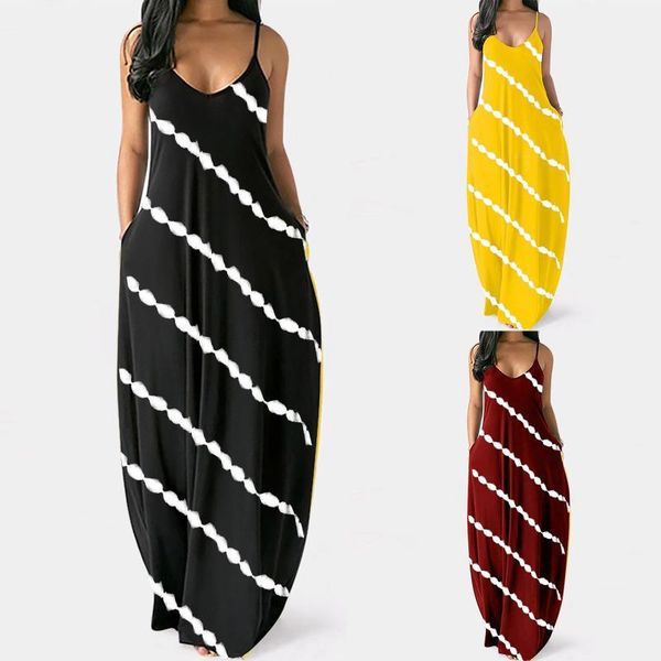 

spaghetti strap dress women vintage sun print casual plus size stripe v-neck pockets short sleeve long vestidos women's swimwear, White;black