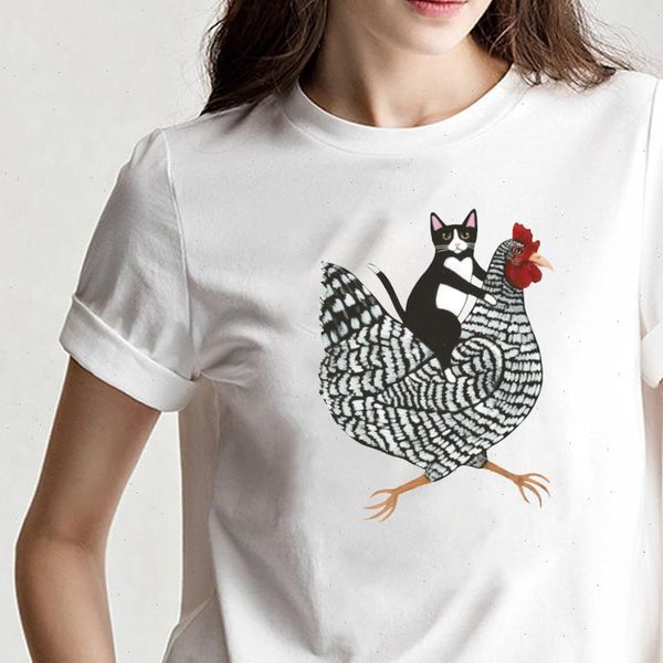 

cat women riding chicken 3d print short sleeve funny womens t shirt summer casual o neck wild street hipster, White
