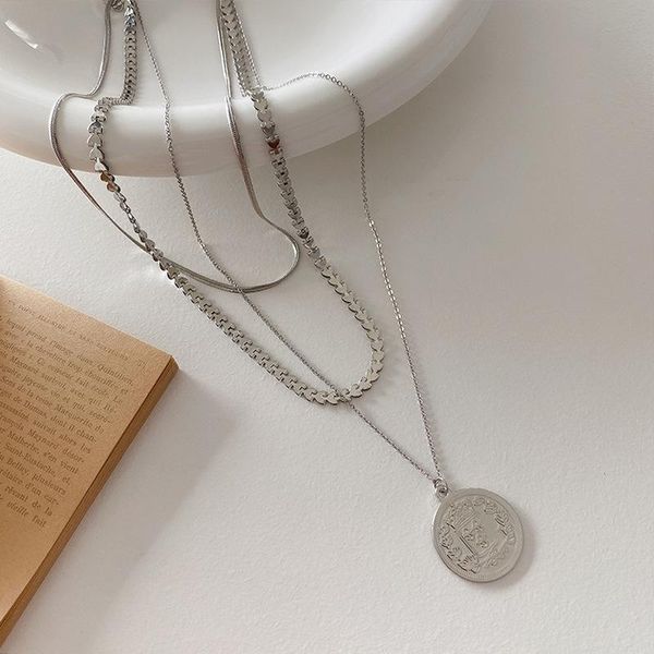 

pendant necklaces minimalist multi-layer circle coin medallion necklace for women textured silver color metal chain jewelry