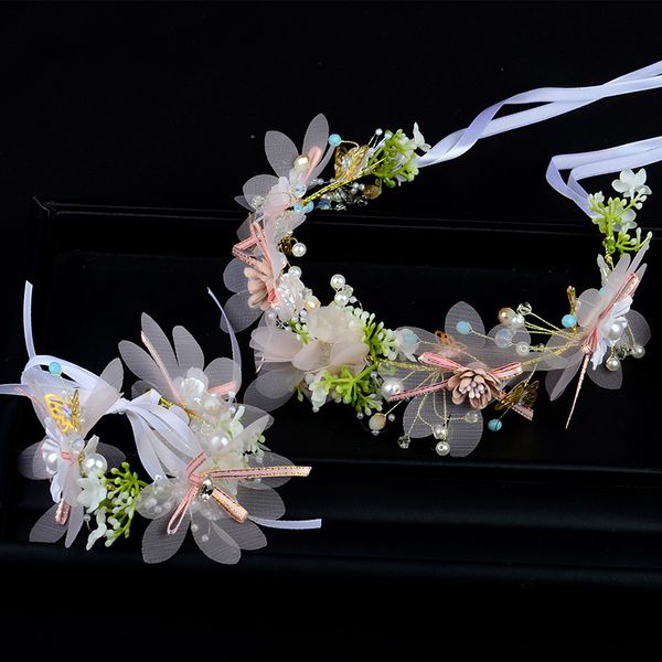 

bridal wedding headbands girls butterfly princess hair accessories+wristband 2pcs sets women pearls flowers ribbon bows wreath q0997, Slivery;white