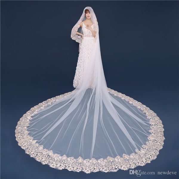 

bridal veils 2021 latest wedding cathedral length full lace edge appliqued tulle one layer with combs customized, Black