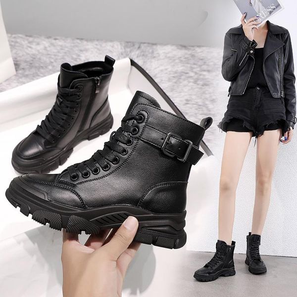 

boots women's leather 2021 shoes autumn and winter fashion flat bottomed british style, Black