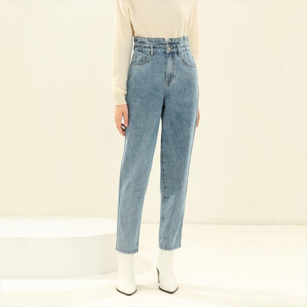 

classic ruffled high waist womens jean straight pants fashion loose slim washed female denim trousers elastic, Blue