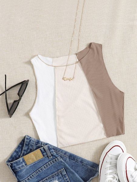 

stitch trim rib-knit colorblock tank k5y1#, White