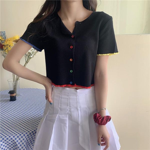 

women's knits & tees women o-neck shirts knitted casual short sleeve thin colorful buttons summer, White