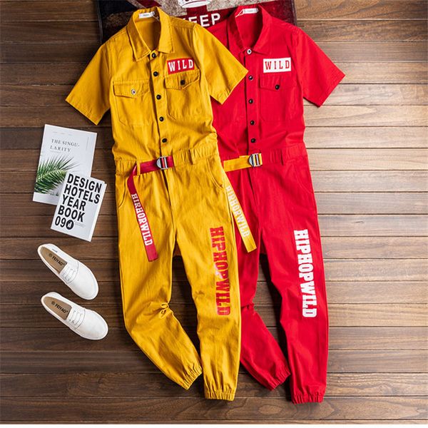 

pantsummer japanese and korean men's short sleeve jumpsuit letter print multi-pocket hip hop streetwear overalls yellow red loose pa, Black
