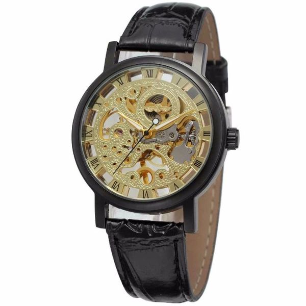 

skeleton fashion mechanical men watch luxury business leather strap wristwatch classic gold nice gift wristwatches, Slivery;brown