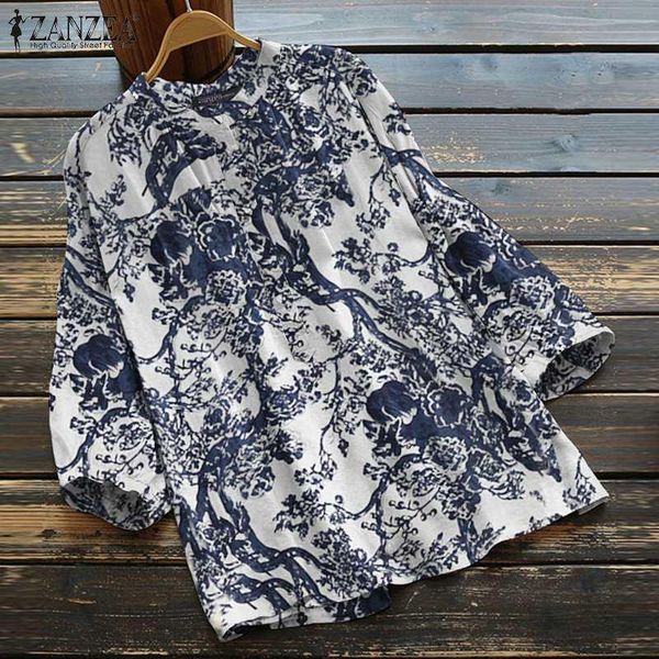 

women's blouses & shirts 2022 spring summer women printed blouse shirt vintage 3/4 sleeve casual ladies cotton linen oversized bl, White